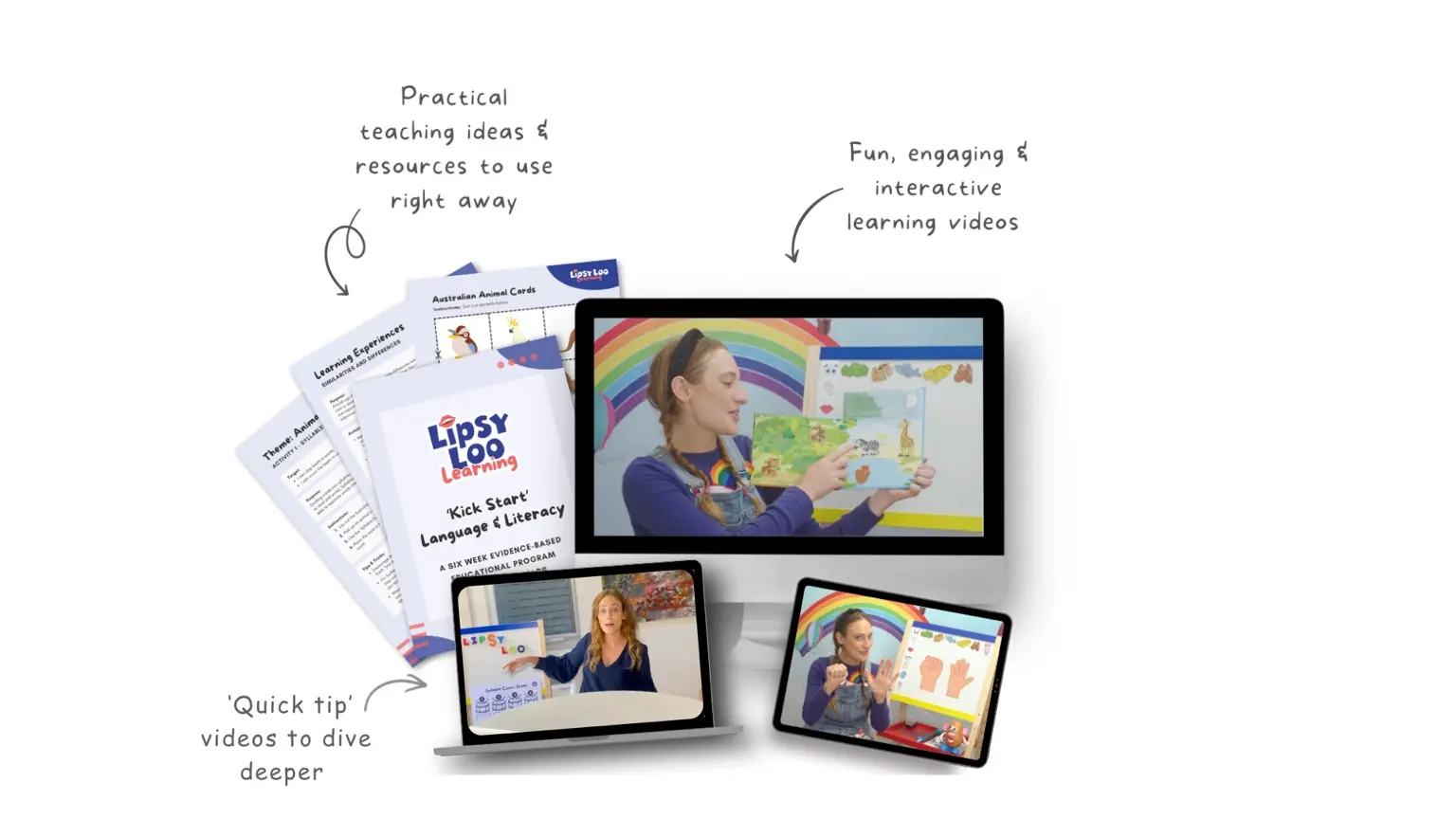 Kick Start Language and Literacy videos, Quick Tips and practical teaching resources shown across desktop, laptop and tablet